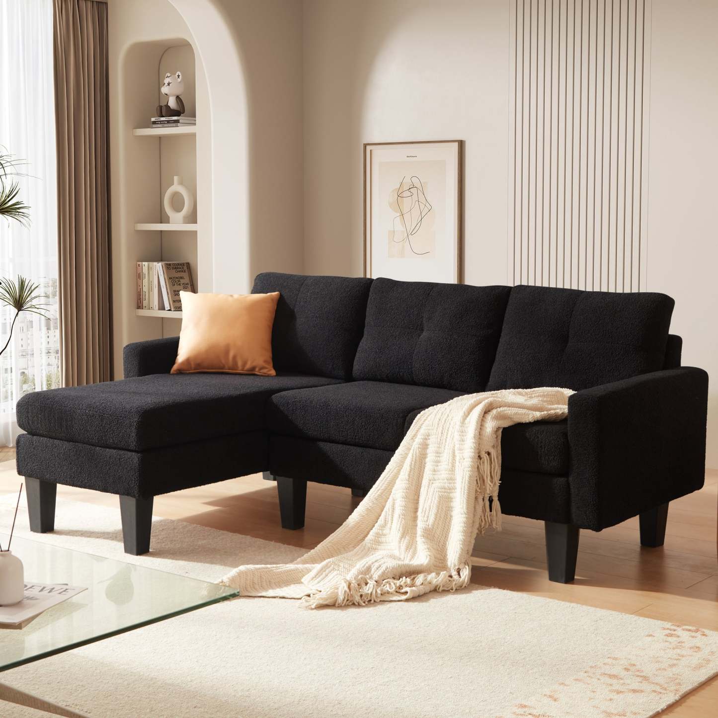 80" Small L Shape Sofa, Teddy Velvet Fabric