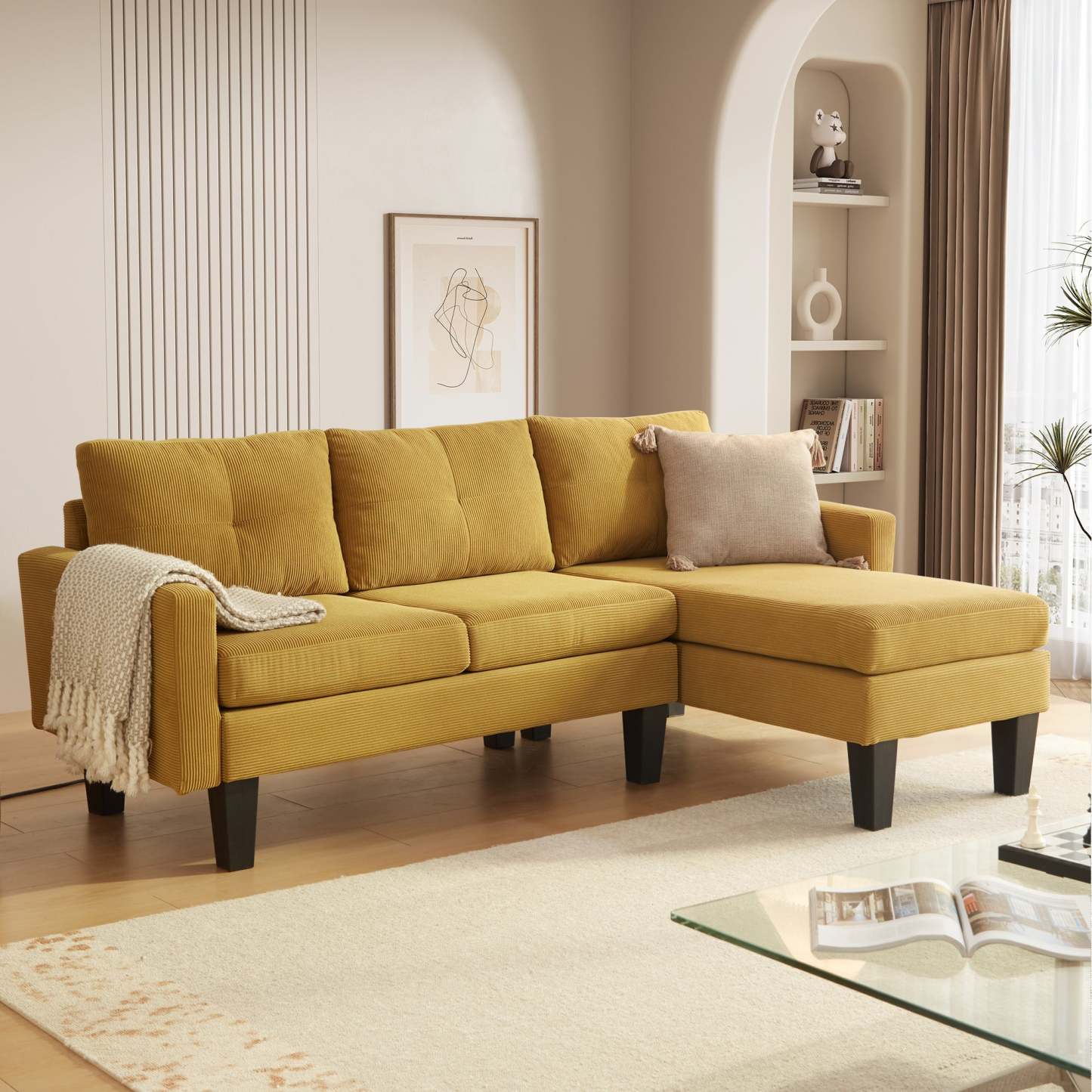 80" Small L Shape Sofa, Teddy Velvet Fabric