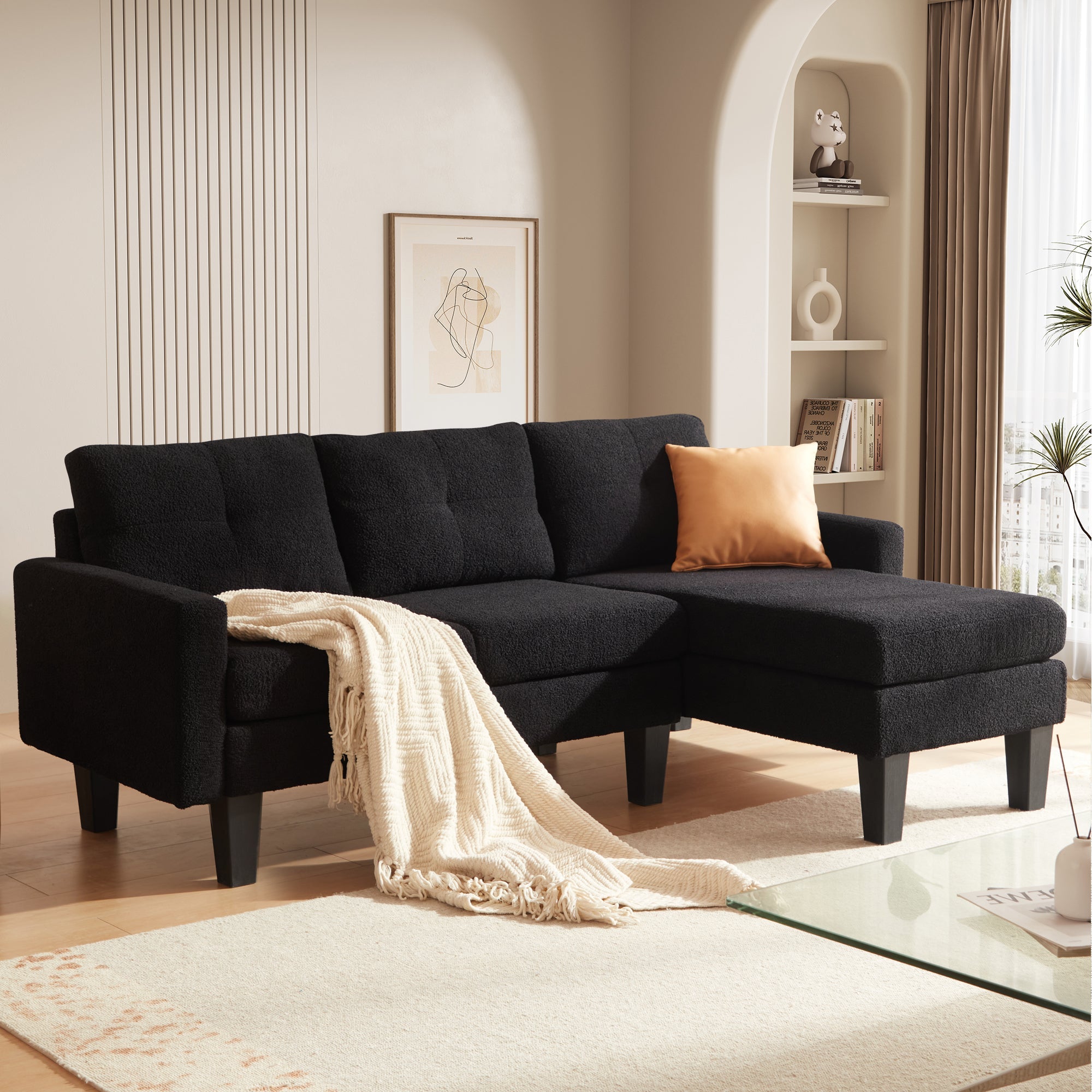 80" Small L Shape Sofa, Teddy Velvet Fabric