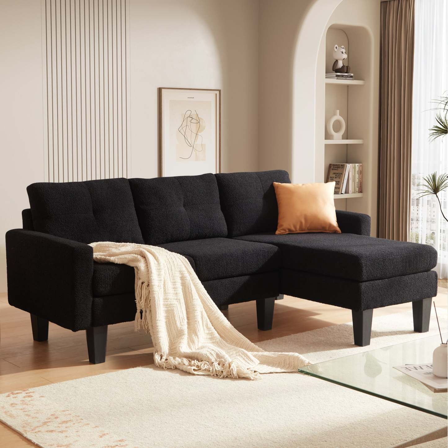 80" Small L Shape Sofa, Teddy Velvet Fabric