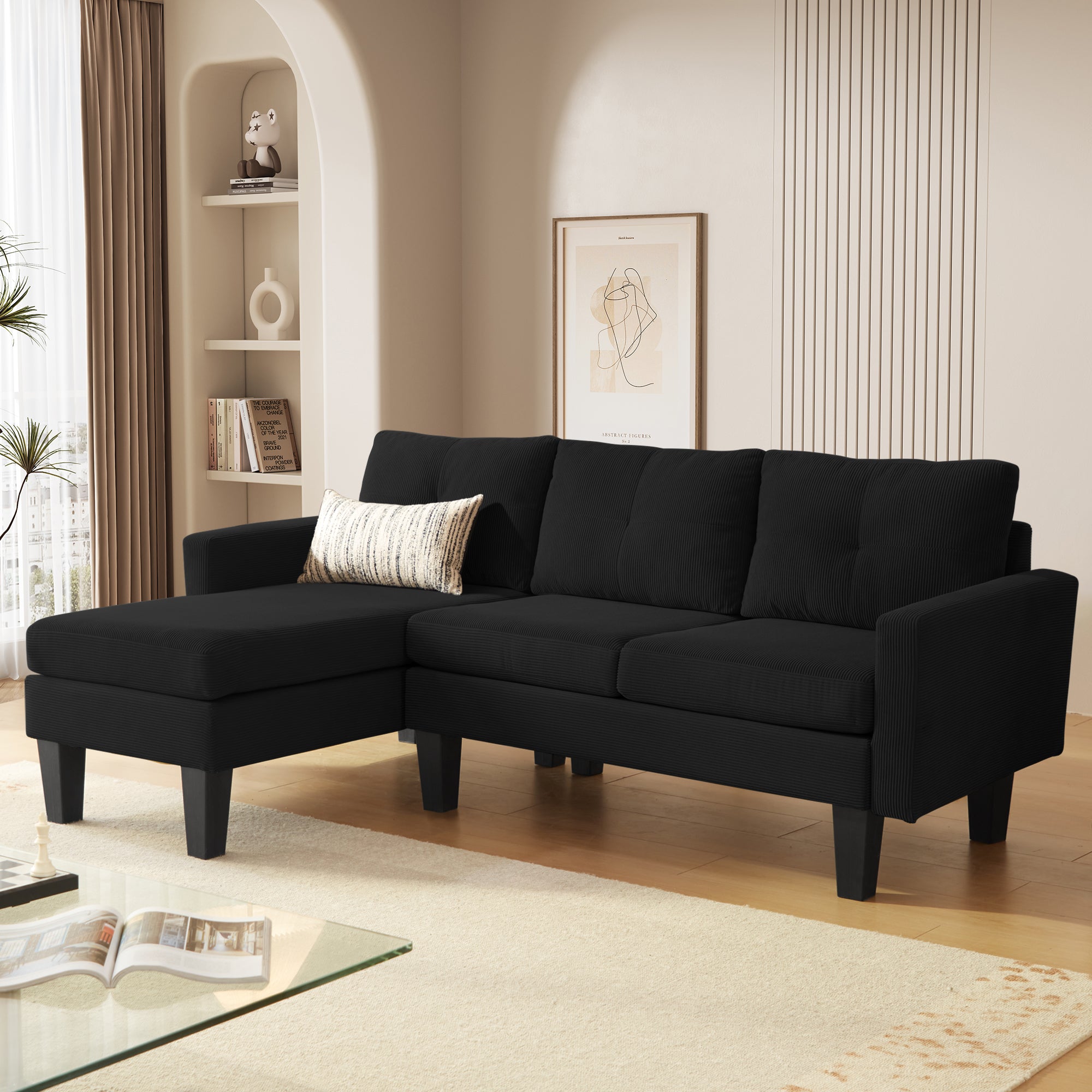 80" Small L Shape Sofa, Corduroy Fabric