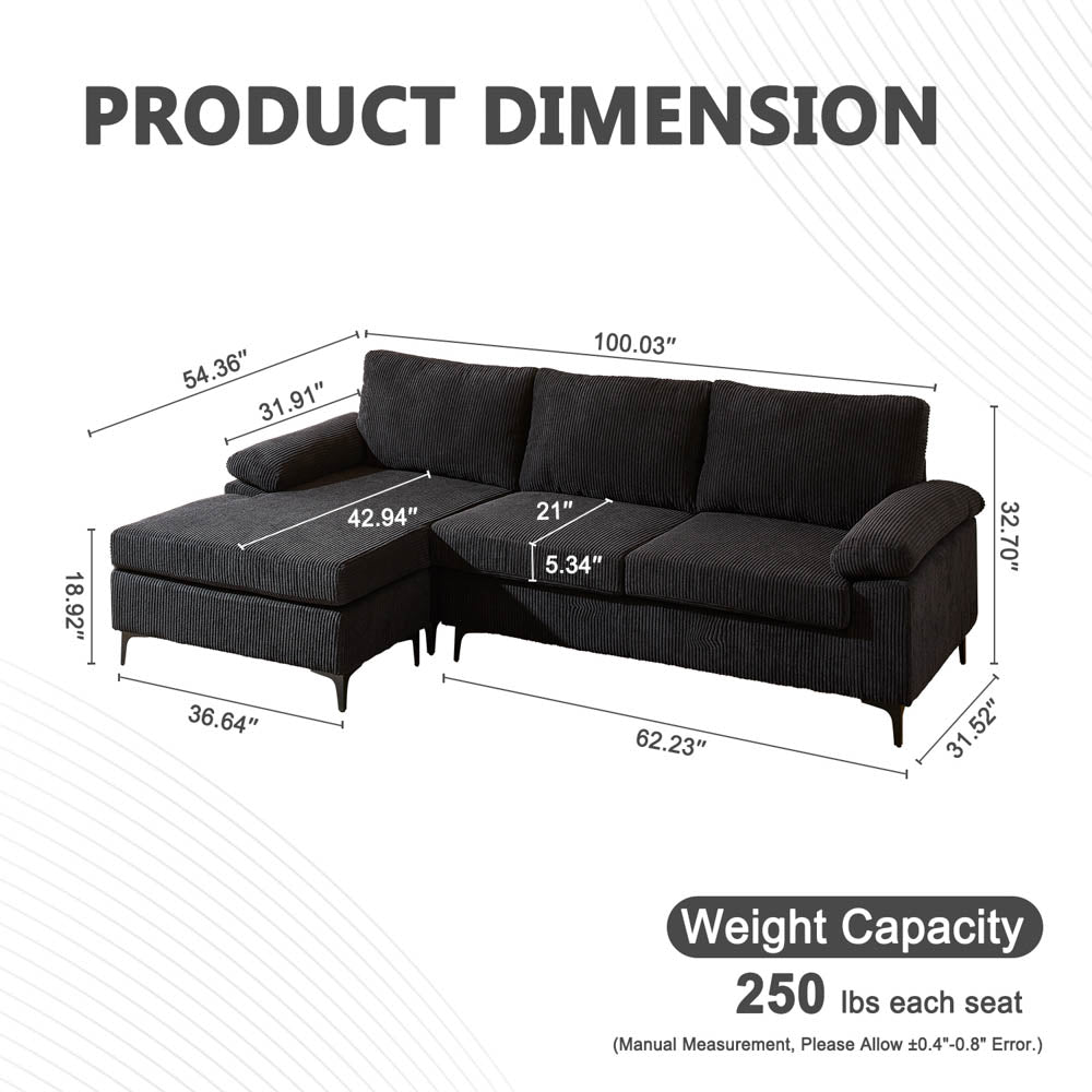 Living Room Sofa Reversible Chaise 100.40" Wide with Ottoman