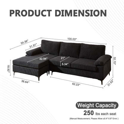 Living Room Sofa Reversible Chaise 100.40" Wide with Ottoman
