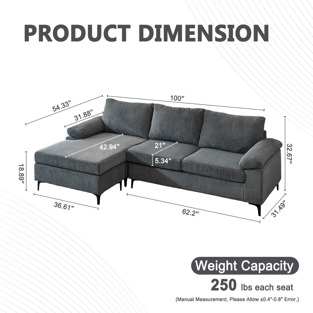 Living Room Sofa Reversible Chaise 100.40" Wide with Ottoman