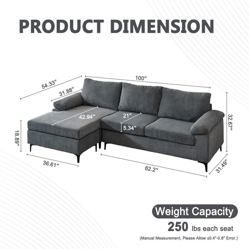 Living Room Sofa Reversible Chaise 100.40" Wide with Ottoman