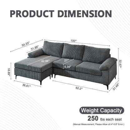 Living Room Sofa Reversible Chaise 100.40" Wide with Ottoman