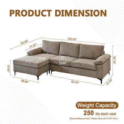 Living Room Sofa Reversible Chaise 100.40" Wide with Ottoman