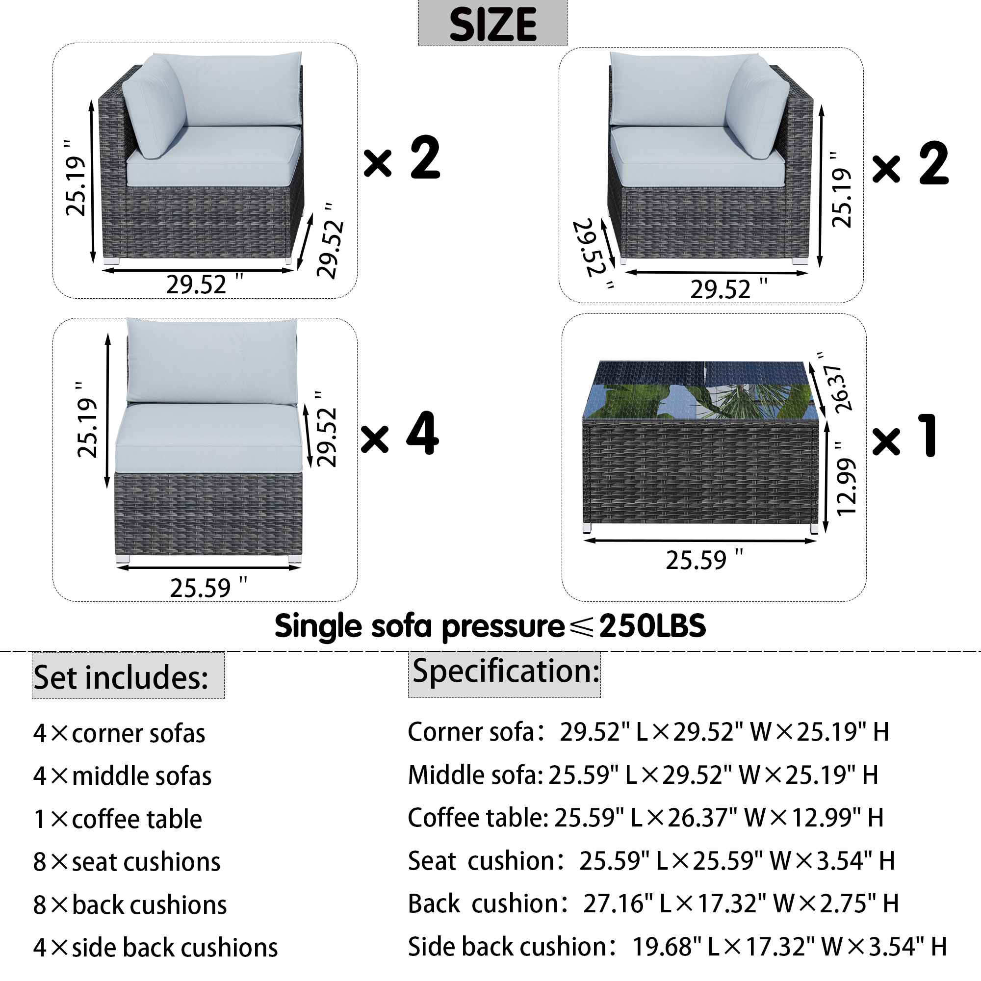 Outdoor Sectional Furniture 9-Piece with Cushions and Table