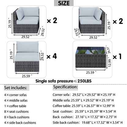 Outdoor Sectional Furniture 9-Piece with Cushions and Table