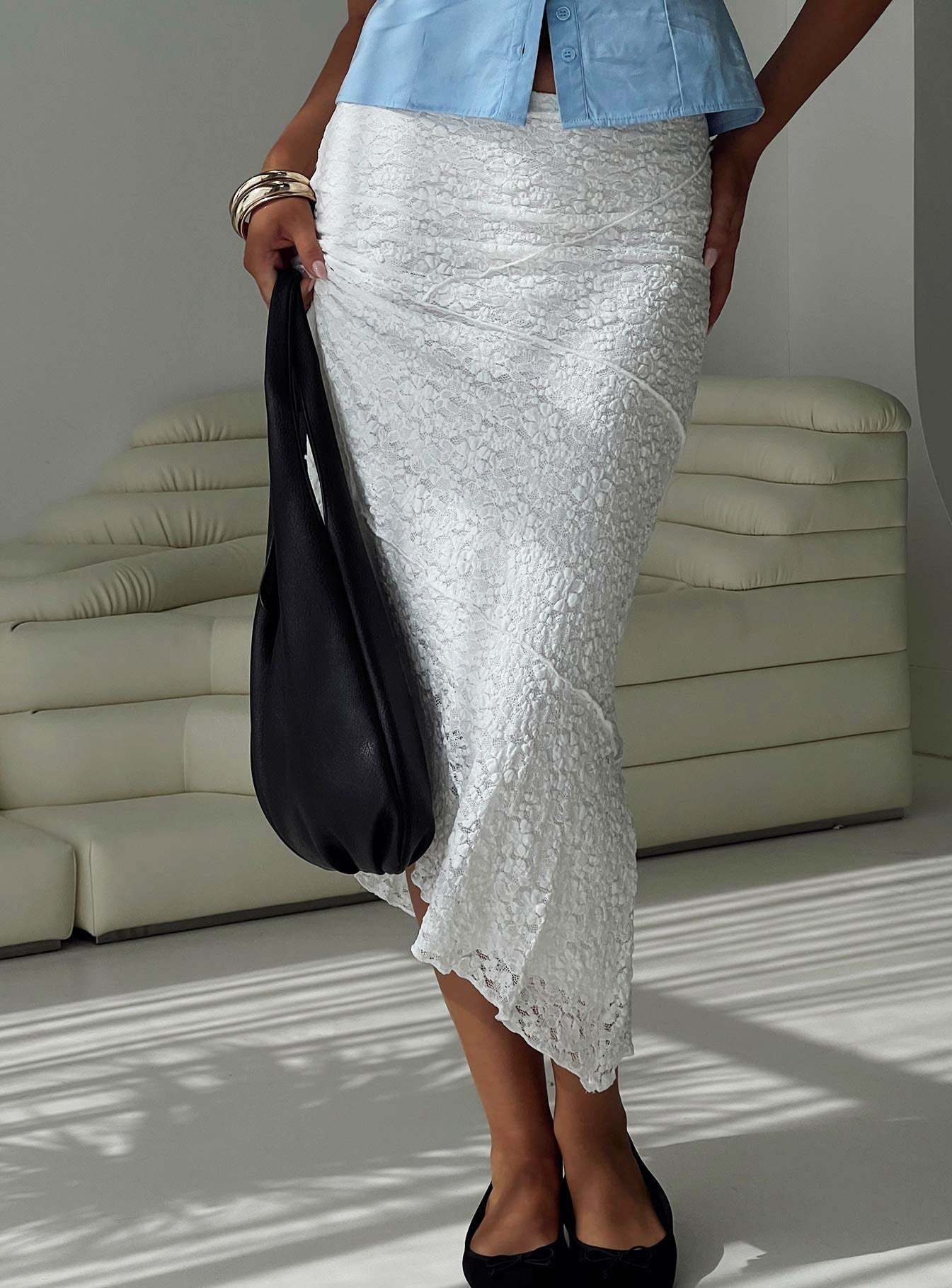Mathylda asymmetrical lace maxi skirt white