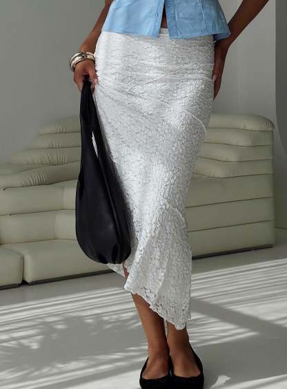 Mathylda asymmetrical lace maxi skirt white