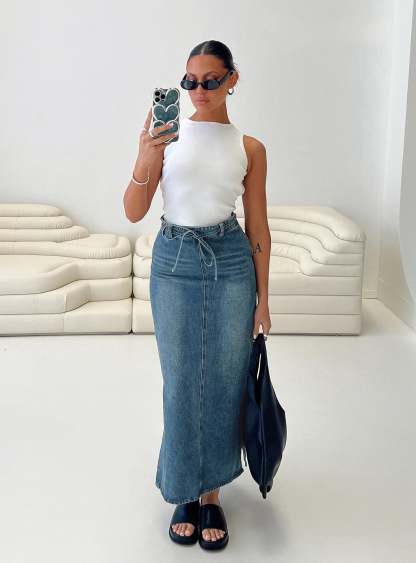 Brandee Tie Front Denim Maxi Skirt Mid Blue