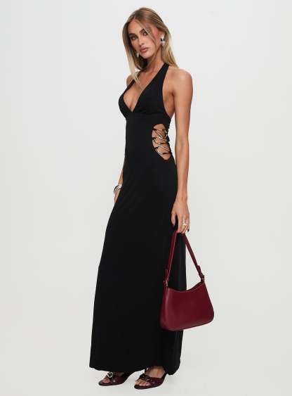 Make A Fortune Hardware Halter Maxi Dress Black