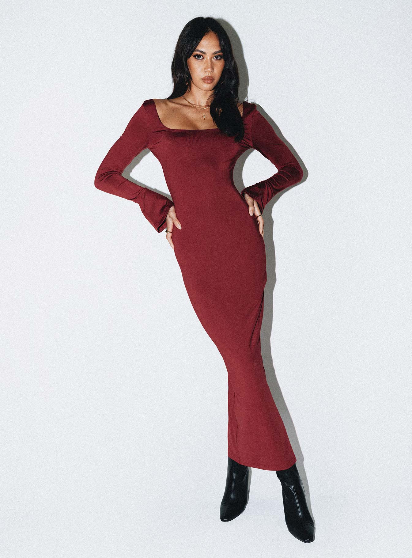 Belfa Long Sleeve Maxi Dress Burgundy-Artabri