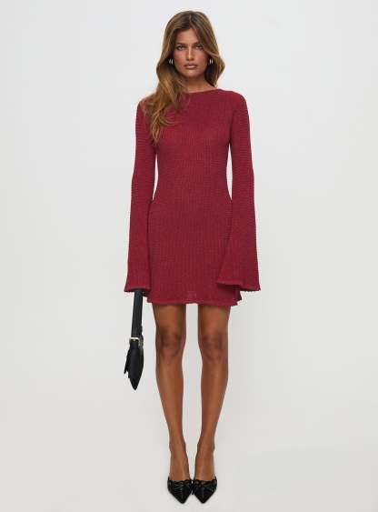 Rhapsody Long Sleeve Knit Mini Dress Red