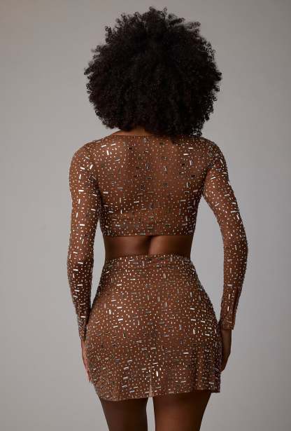 Thalassa  Sheer Embellished V Waist Mini Skirt in Mocha