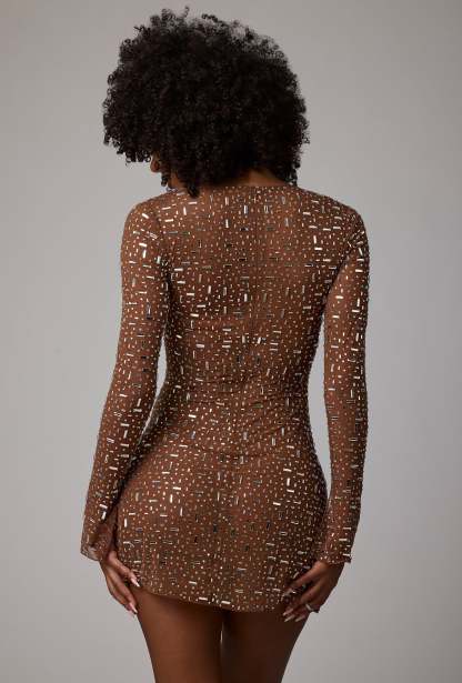 Thalassa  Sheer Embellished V Waist Mini Skirt in Mocha