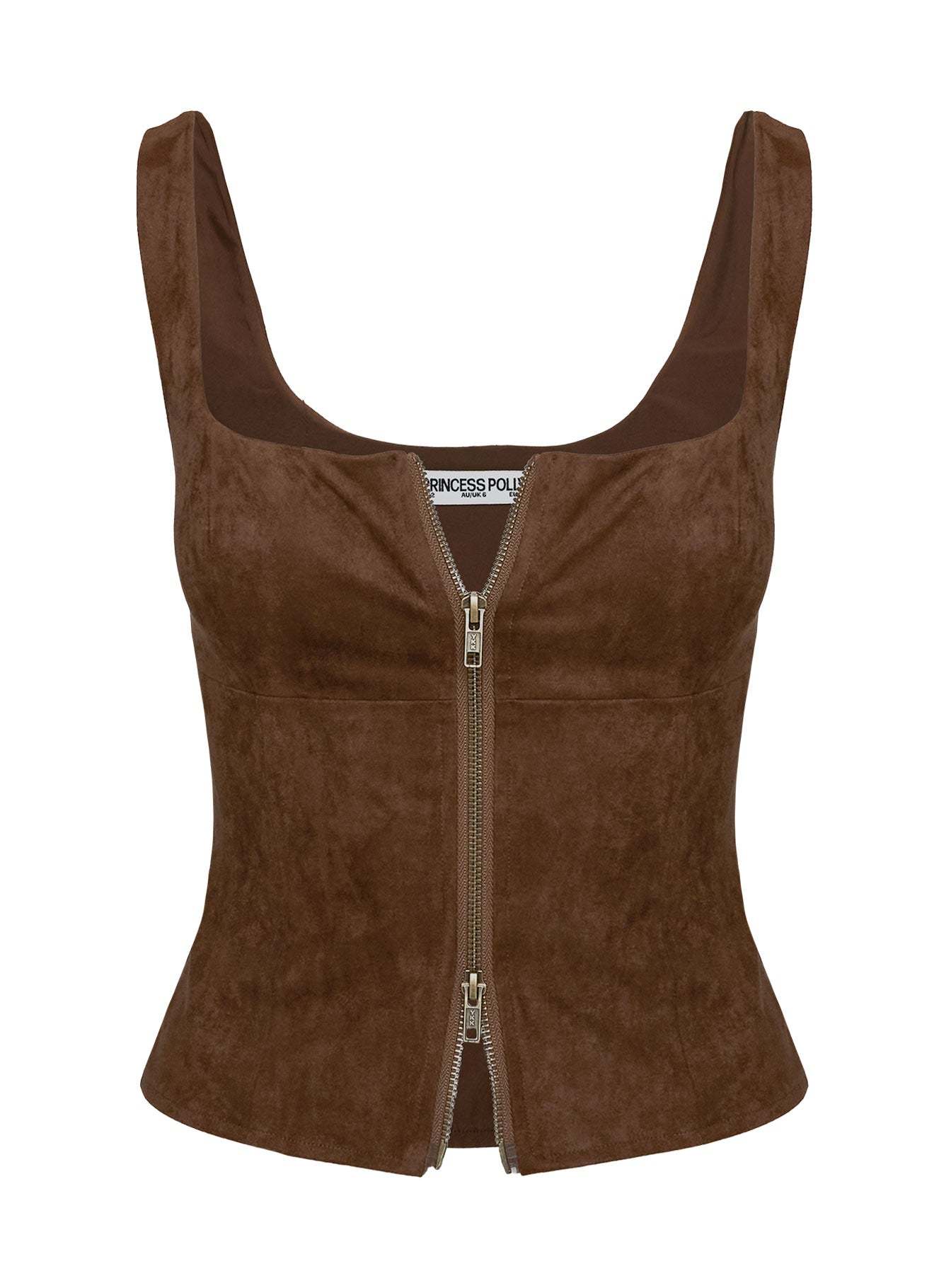 Rodeo Faux Suede Zip Through Top Brown