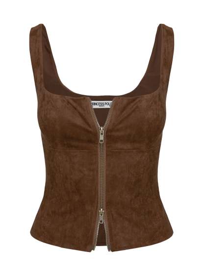 Rodeo Faux Suede Zip Through Top Brown