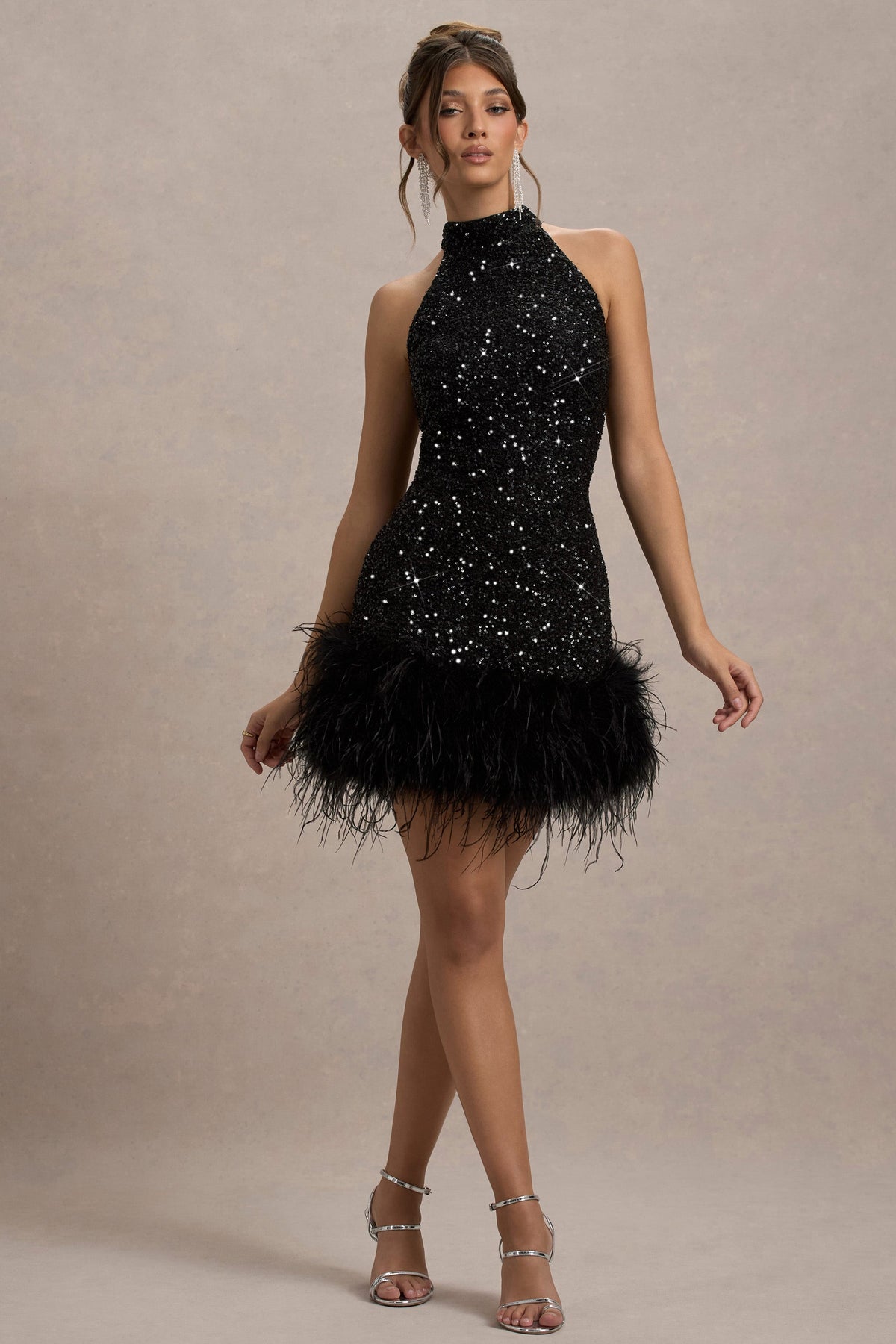 Lumi Black/White Sequin High-Neck Feather Trim Mini Dress