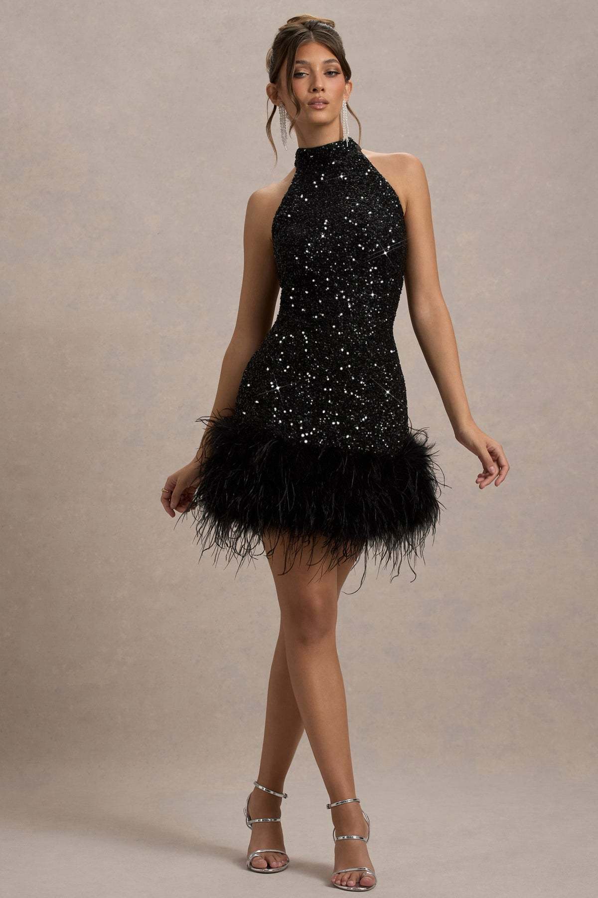 Lumi Black/White Sequin High-Neck Feather Trim Mini Dress