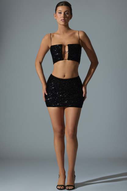 Embellished Mid-Rise Mini Skirt in Black