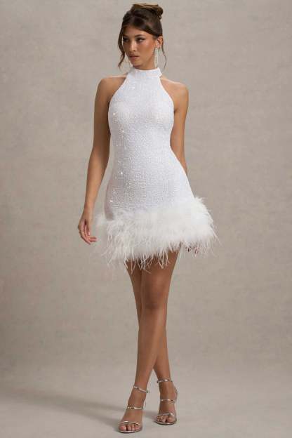 Lumi Black/White Sequin High-Neck Feather Trim Mini Dress