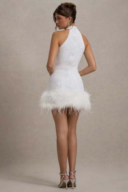 Lumi Black/White Sequin High-Neck Feather Trim Mini Dress