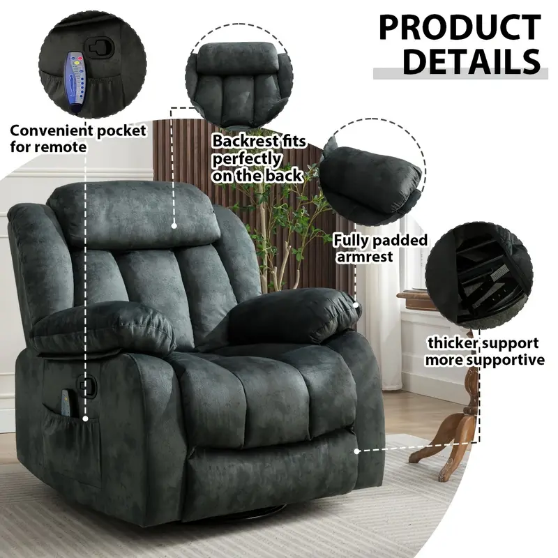 Sillón reclinable     de  , mecedora de masaje con   y vibración, sofá   de   antideslizante, sillón reclinable   resistencia    ,   grisáceo detalles 5