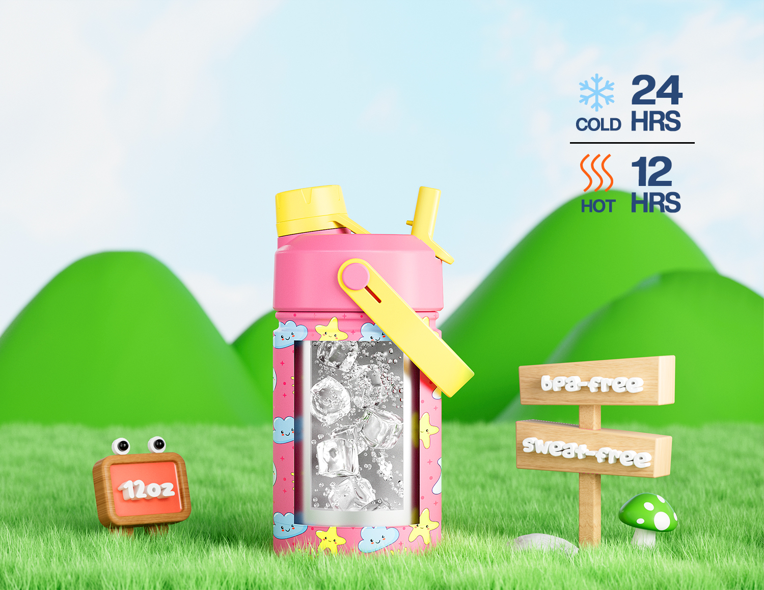 12 oz Insulated Water Bottle with 2-in-1 Straw and Spout Lid