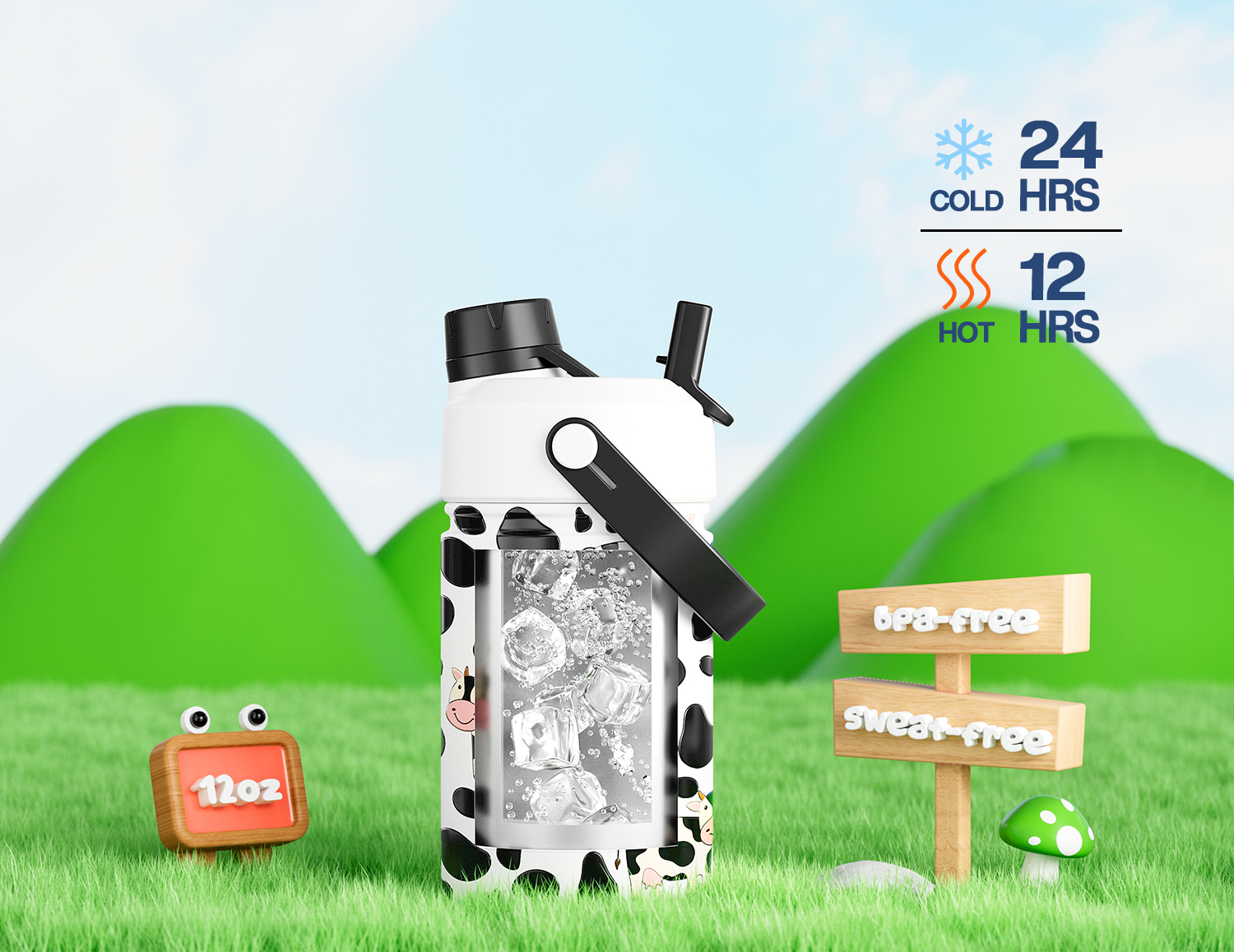 12 oz Insulated Water Bottle with 2-in-1 Straw and Spout Lid