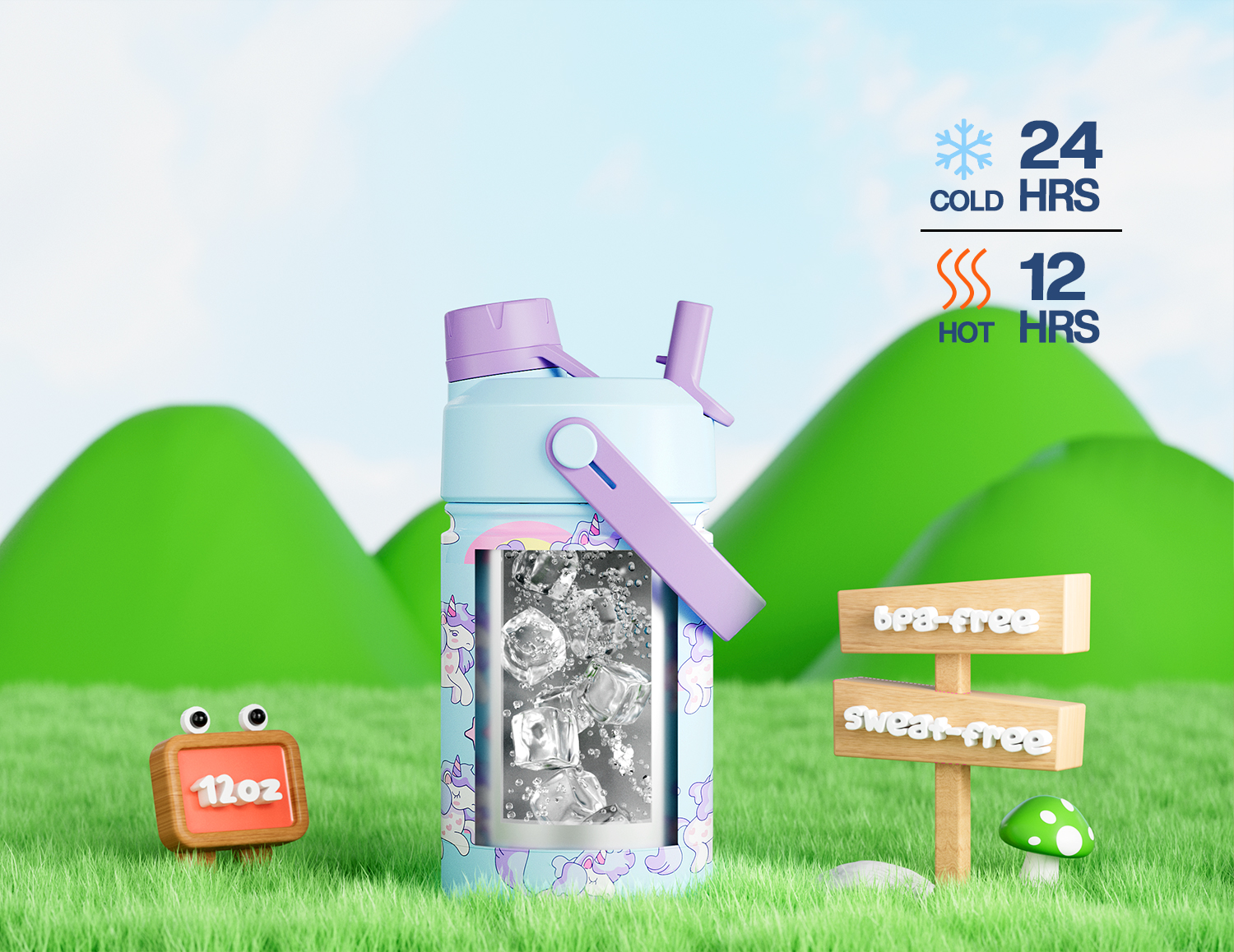 12 oz Insulated Water Bottle with 2-in-1 Straw and Spout Lid