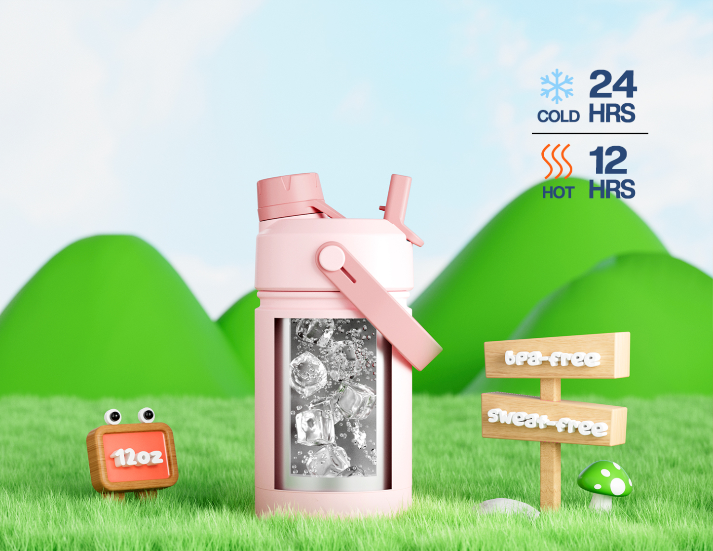 12 oz Insulated Water Bottle with 2-in-1 Straw and Spout Lid