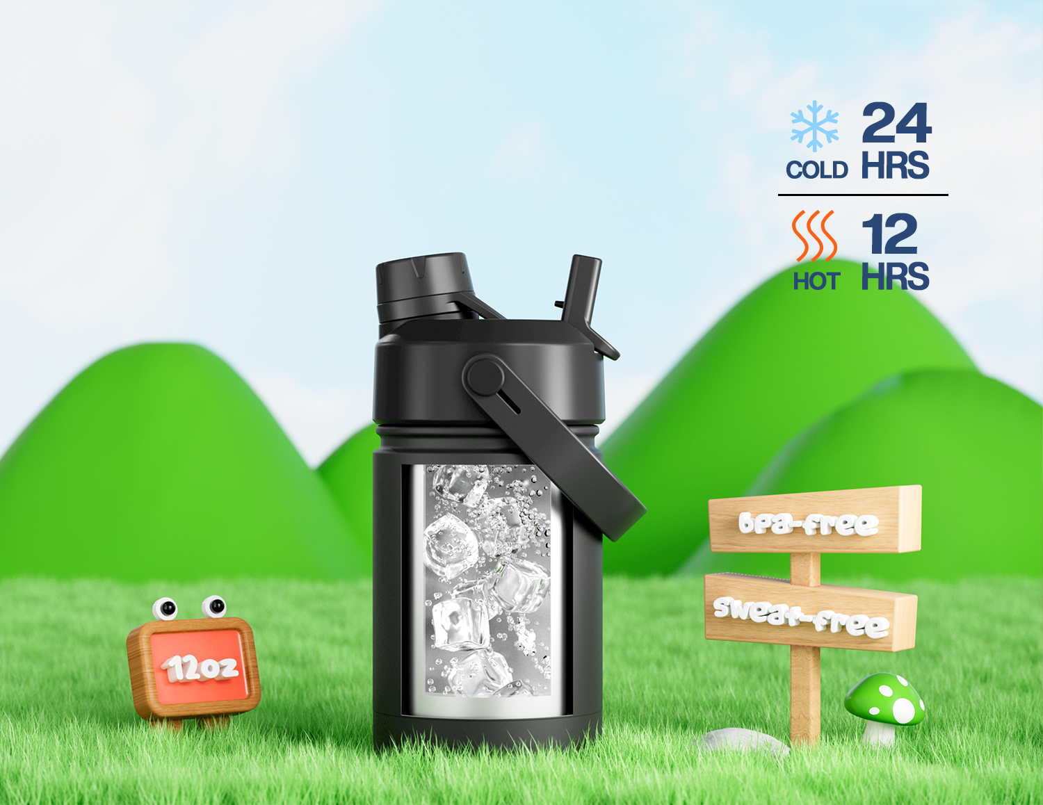 12 oz Insulated Water Bottle with 2-in-1 Straw and Spout Lid