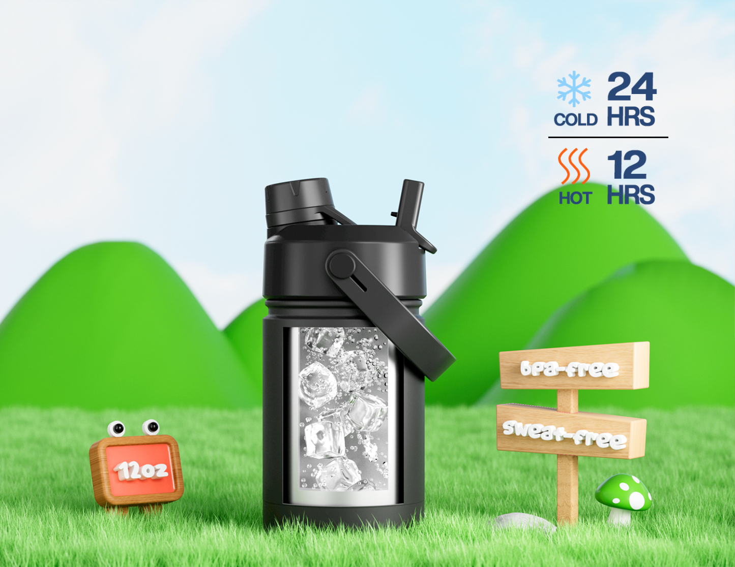 12 oz Insulated Water Bottle with 2-in-1 Straw and Spout Lid