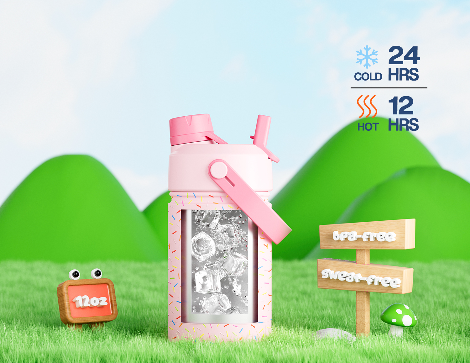 12 oz Insulated Water Bottle with 2-in-1 Straw and Spout Lid