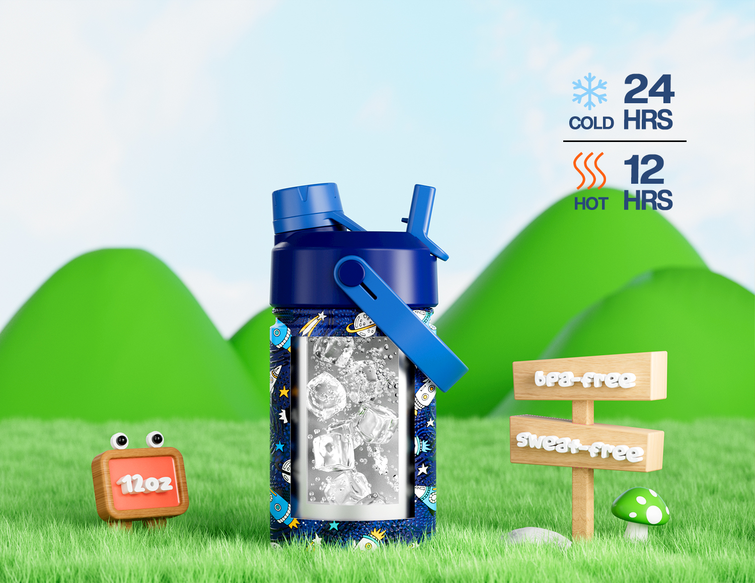 12 oz Insulated Water Bottle with 2-in-1 Straw and Spout Lid