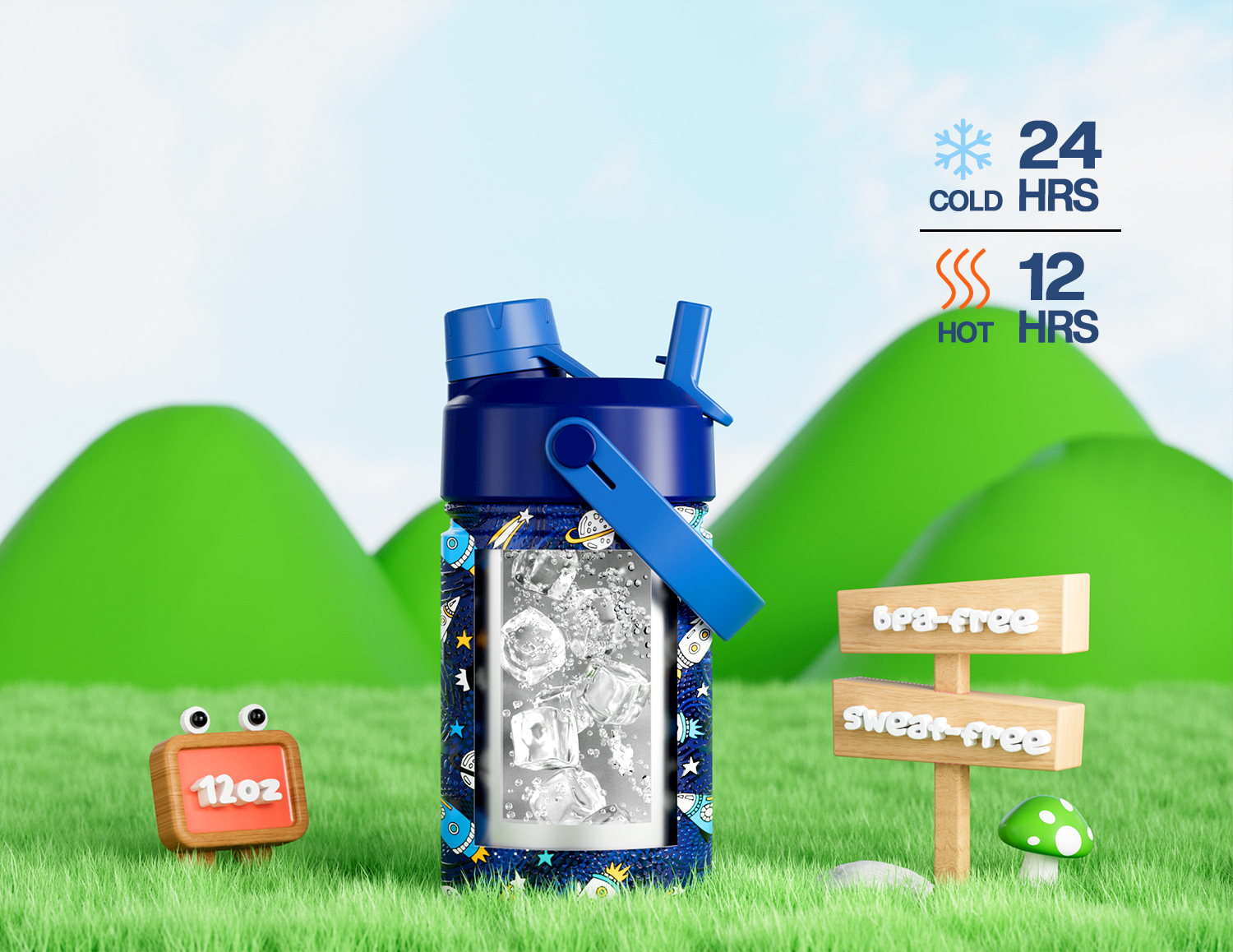 12 oz Insulated Water Bottle with 2-in-1 Straw and Spout Lid