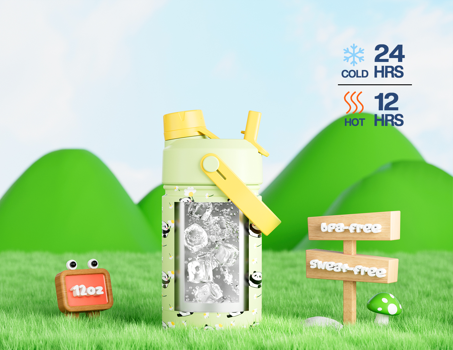 12 oz Insulated Water Bottle with 2-in-1 Straw and Spout Lid