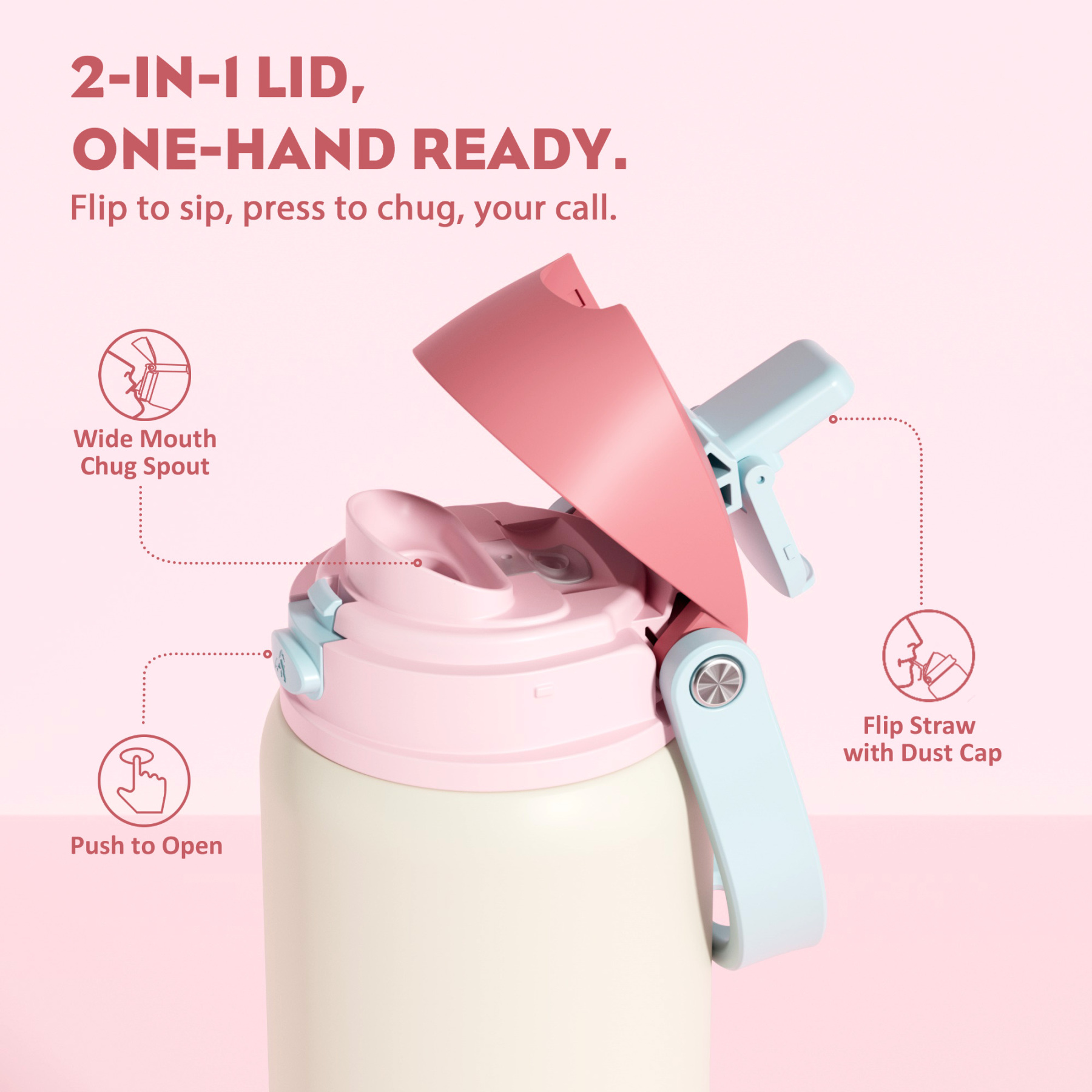 32 oz 2-in-1 Lid with Push-Button Spout Water Bottle