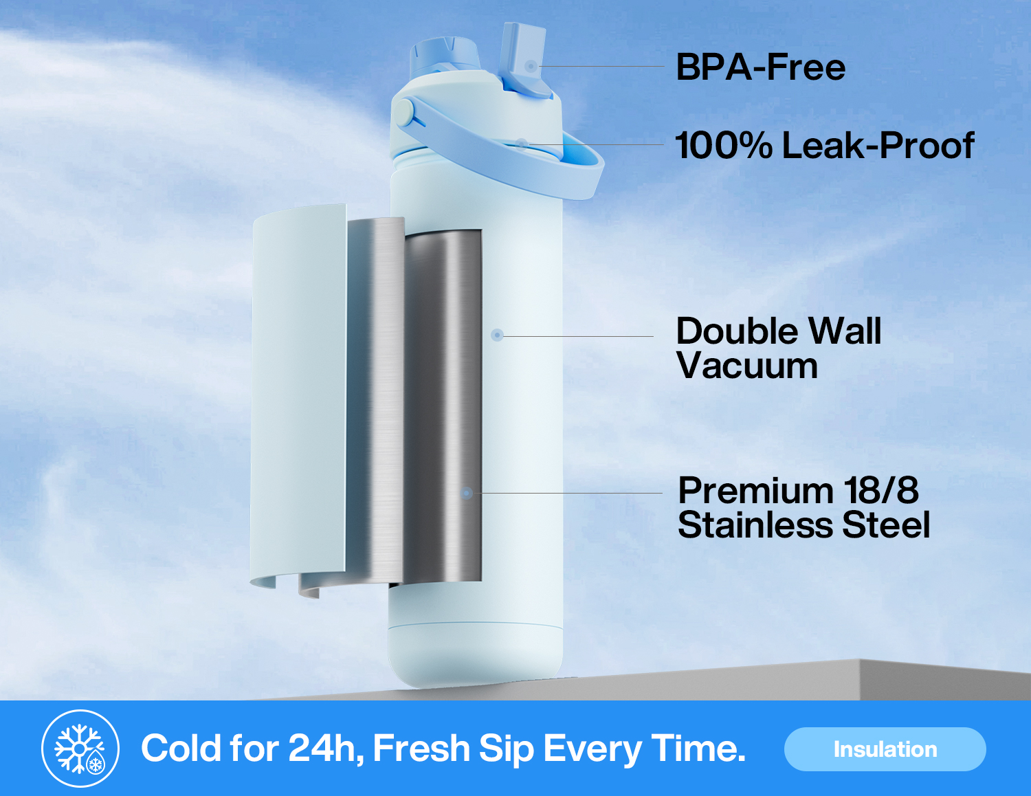 26oz Insulated Water Bottle with 2-in-1 Straw and Spout Lid Pure Collection, Keep Cold 24H, Leak-Proof