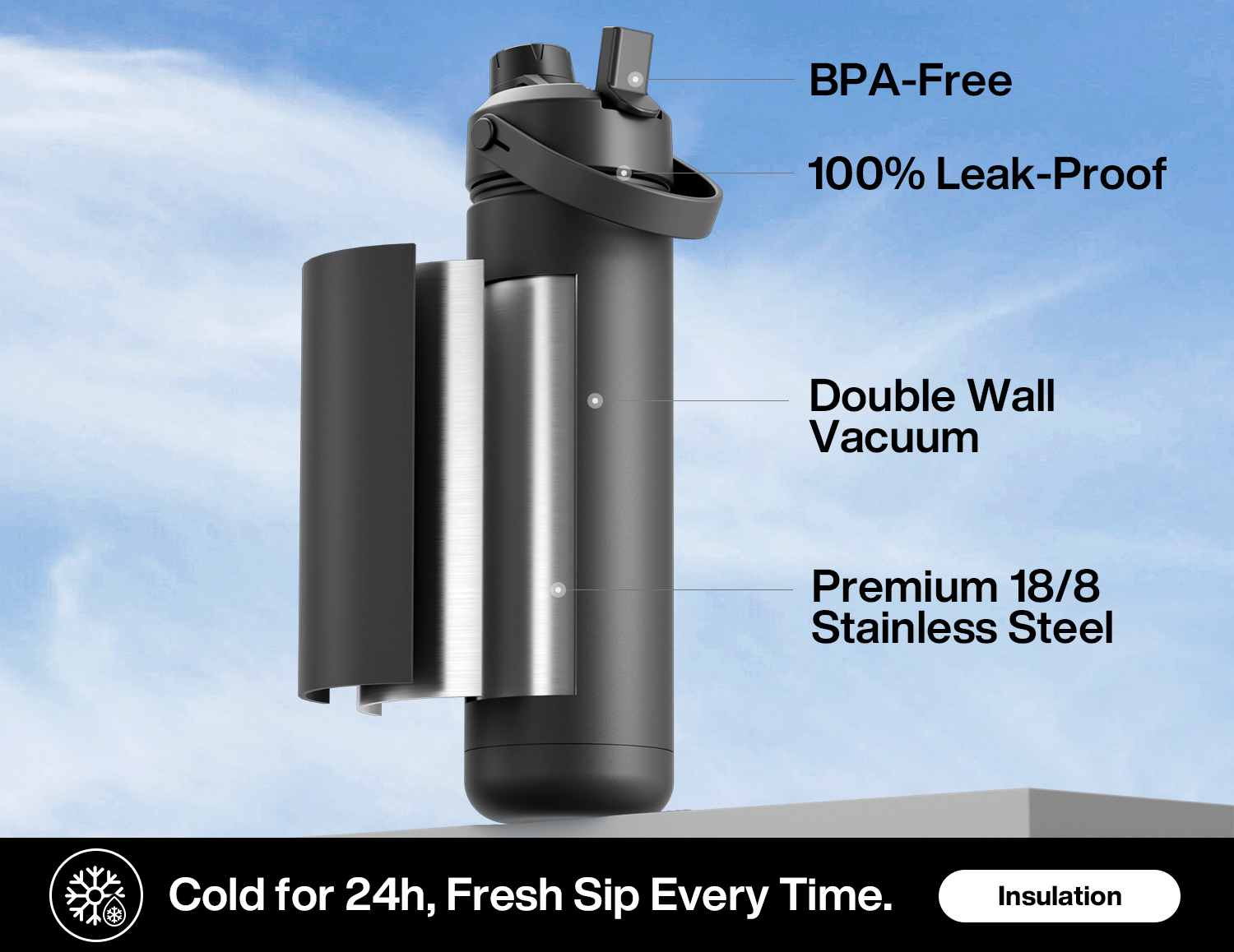 26oz Insulated Water Bottle with 2-in-1 Straw and Spout Lid Pure Collection, Keep Cold 24H, Leak-Proof