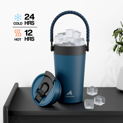 16 oz Insulated Coffee Mug for Work: 2-in-1 Straw Flip Lid, Keep Cold 24H, Fit in Car Cupholder, Leakproof, Stainless Steel Coffee Tumbler with Handle for Travel, Outdoor, Camping and Gifts (Deepsea)