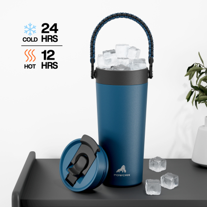 24 oz Insulated Coffee Mug for Travel: 2-in-1 Straw Flip Lid, Keep Cold 24H, Fit in Car Cupholder, Leakproof, Stainless Steel Coffee Tumbler with Handle for Outdoor, Office, Gifts and Sports (Deepsea)