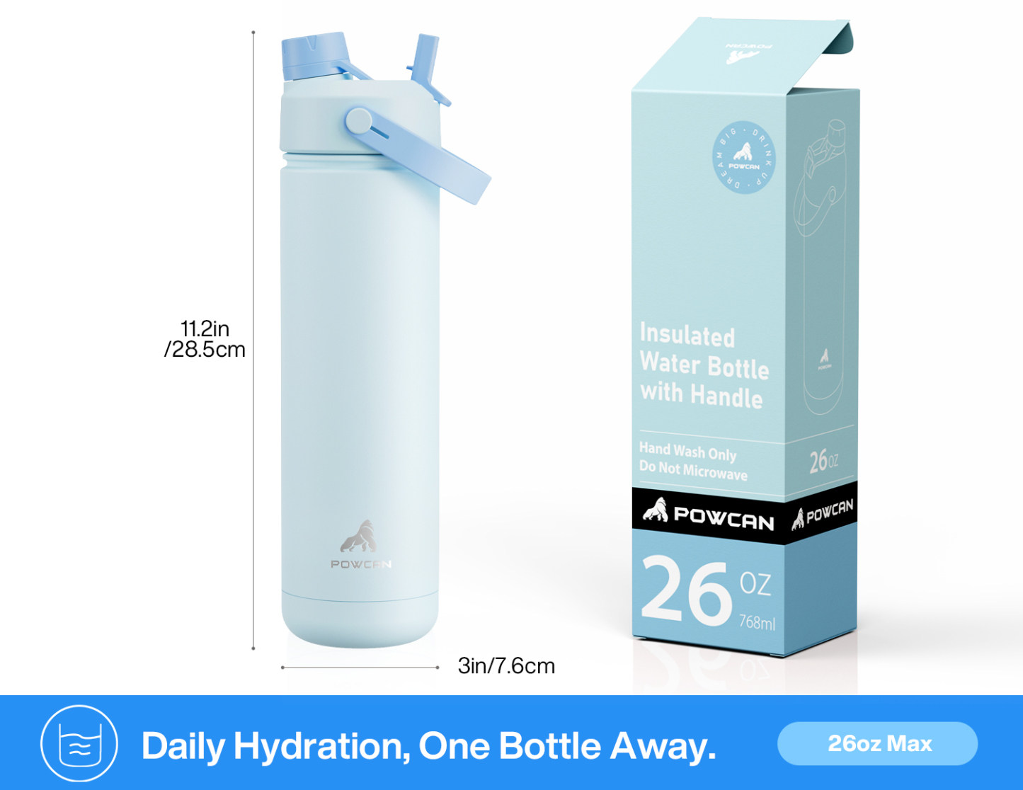 26oz Insulated Water Bottle with 2-in-1 Straw and Spout Lid Pure Collection, Keep Cold 24H, Leak-Proof