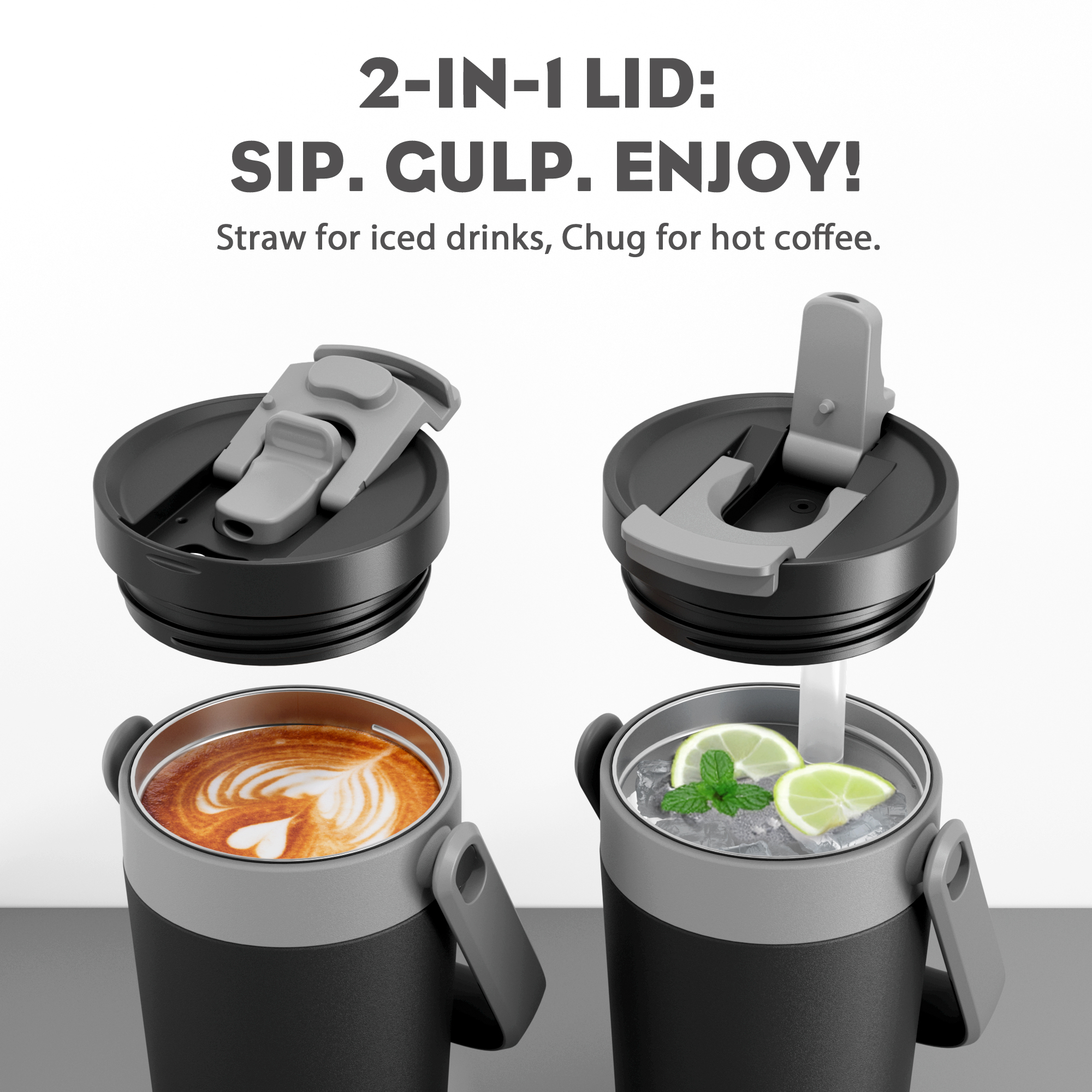 16 oz Insulated Coffee Mug for Work: 2-in-1 Straw Flip Lid, Keep Cold 24H, Fit in Car Cupholder, Leakproof, Stainless Steel Coffee Tumbler with Handle for Travel, Outdoor, Camping and Gifts (Deepsea)