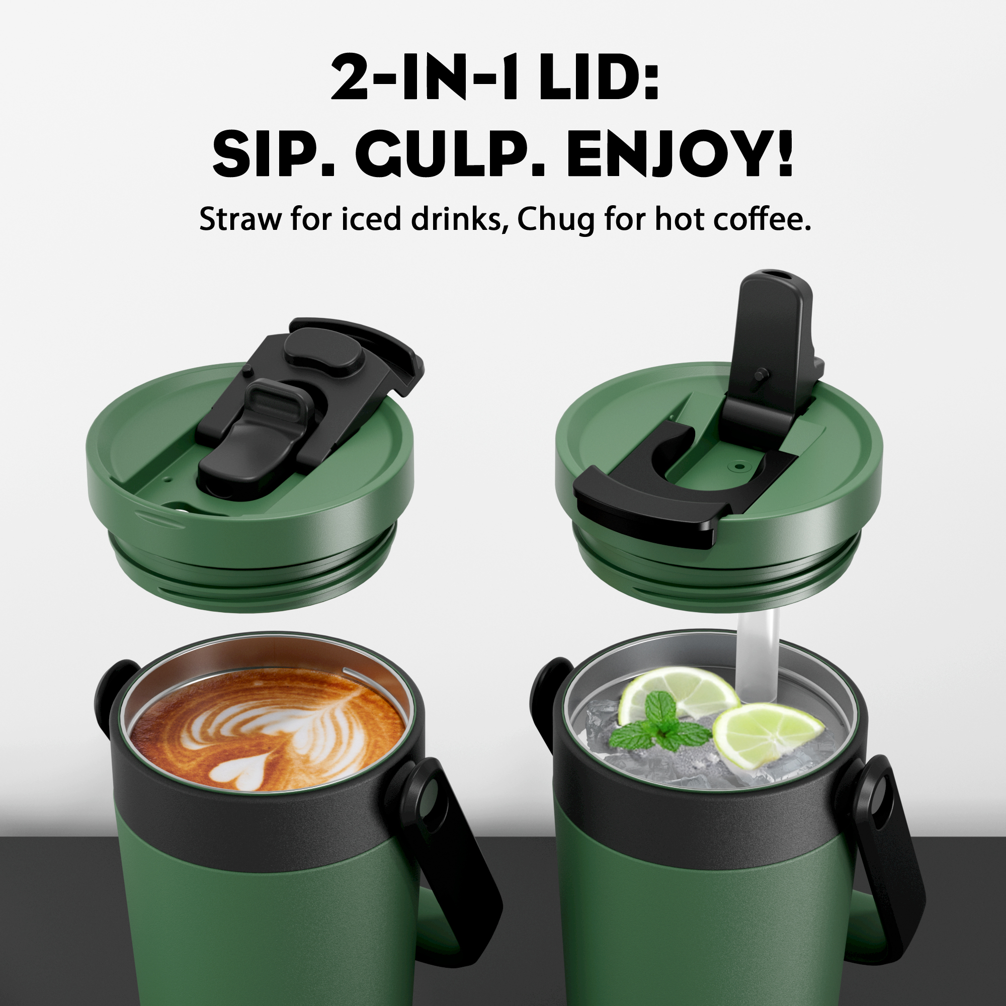 16 oz Insulated Coffee Mug for Work: 2-in-1 Straw Flip Lid, Keep Cold 24H, Fit in Car Cupholder, Leakproof, Stainless Steel Coffee Tumbler with Handle for Travel, Outdoor, Camping and Gifts (Deepsea)