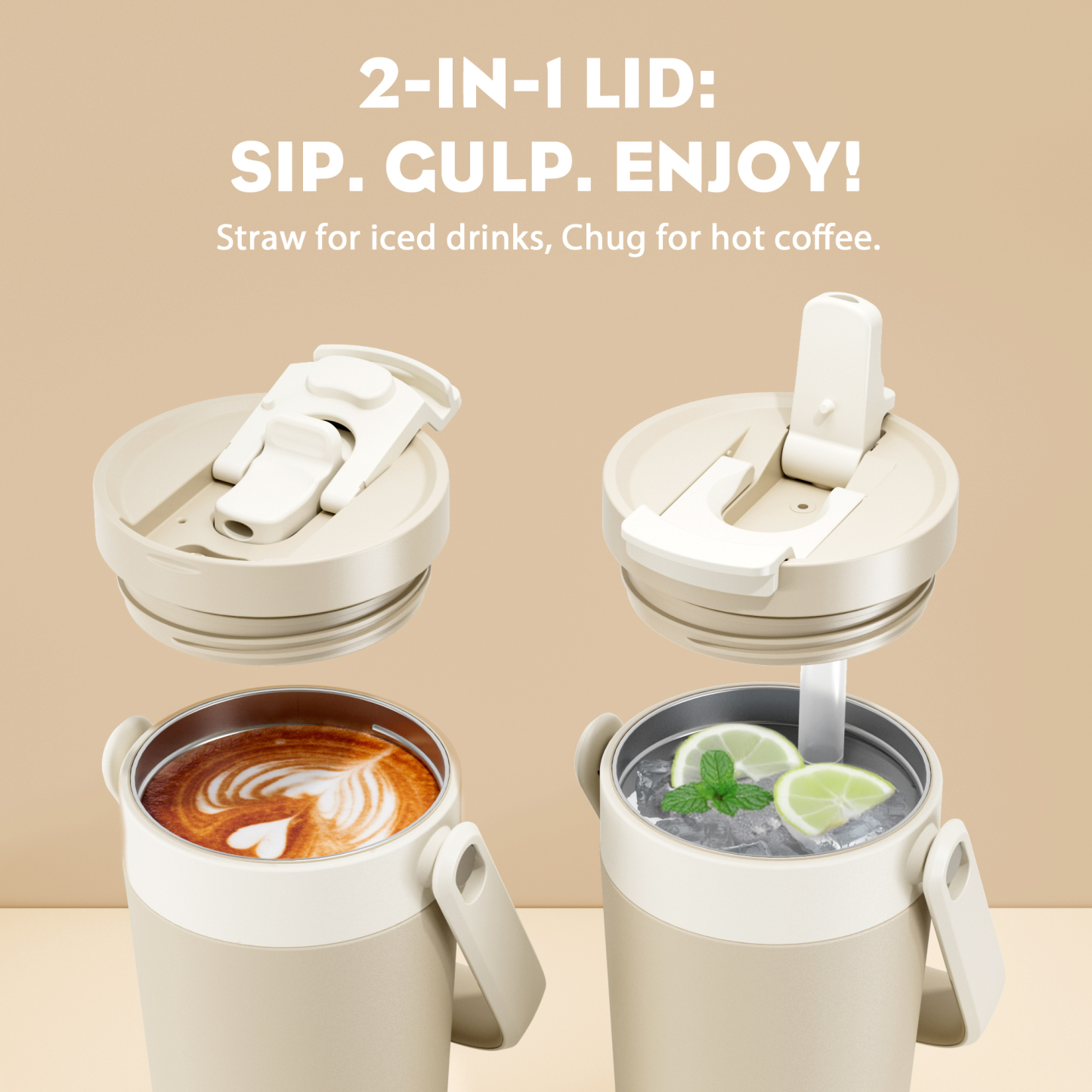 16 oz Insulated Coffee Mug for Work: 2-in-1 Straw Flip Lid, Keep Cold 24H, Fit in Car Cupholder, Leakproof, Stainless Steel Coffee Tumbler with Handle for Travel, Outdoor, Camping and Gifts (Deepsea)