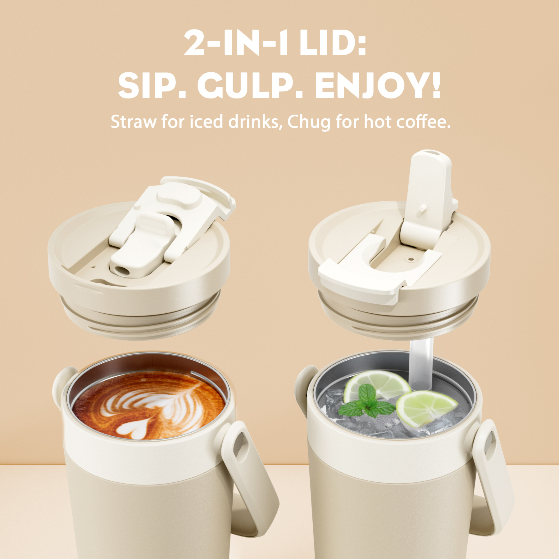 24 oz Insulated Coffee Mug for Travel: 2-in-1 Straw Flip Lid, Keep Cold 24H, Fit in Car Cupholder, Leakproof, Stainless Steel Coffee Tumbler with Handle for Outdoor, Office, Gifts and Sports (Deepsea)