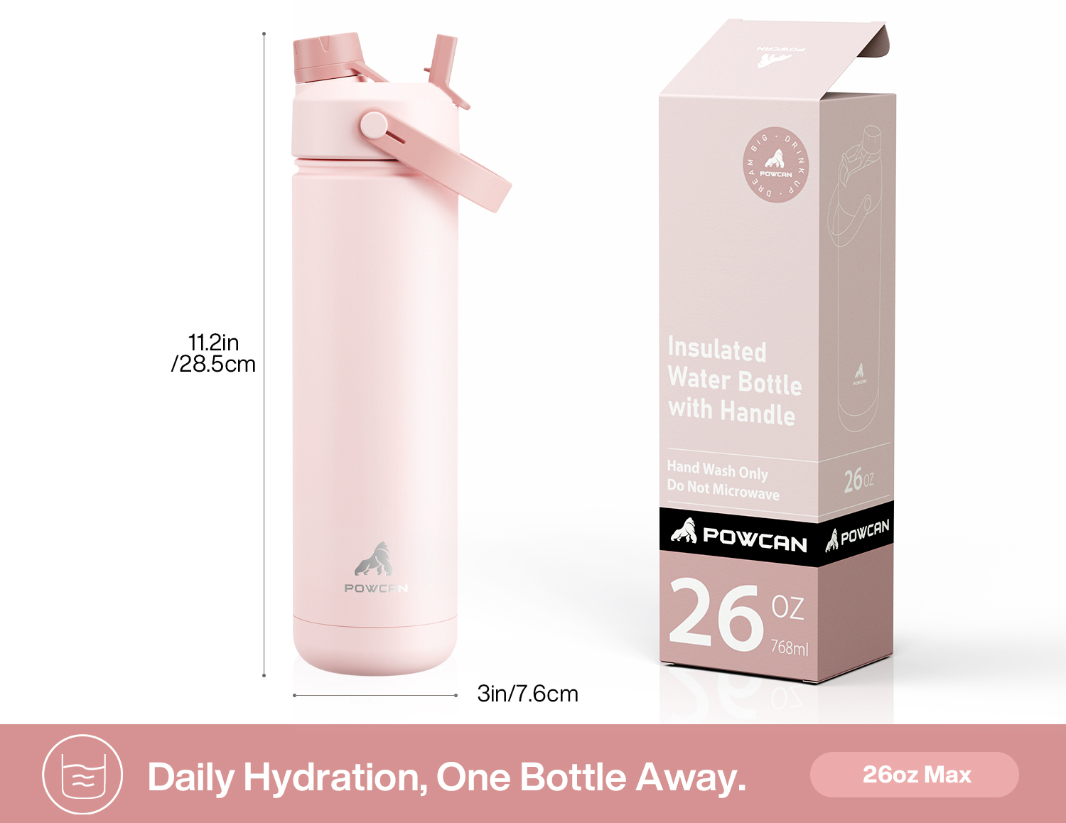 26oz Insulated Water Bottle with 2-in-1 Straw and Spout Lid Pure Collection, Keep Cold 24H, Leak-Proof